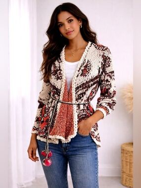 Vintage Moth Anthropologie Cotton Sweater | Boho Tie Waist Cardigan Size M